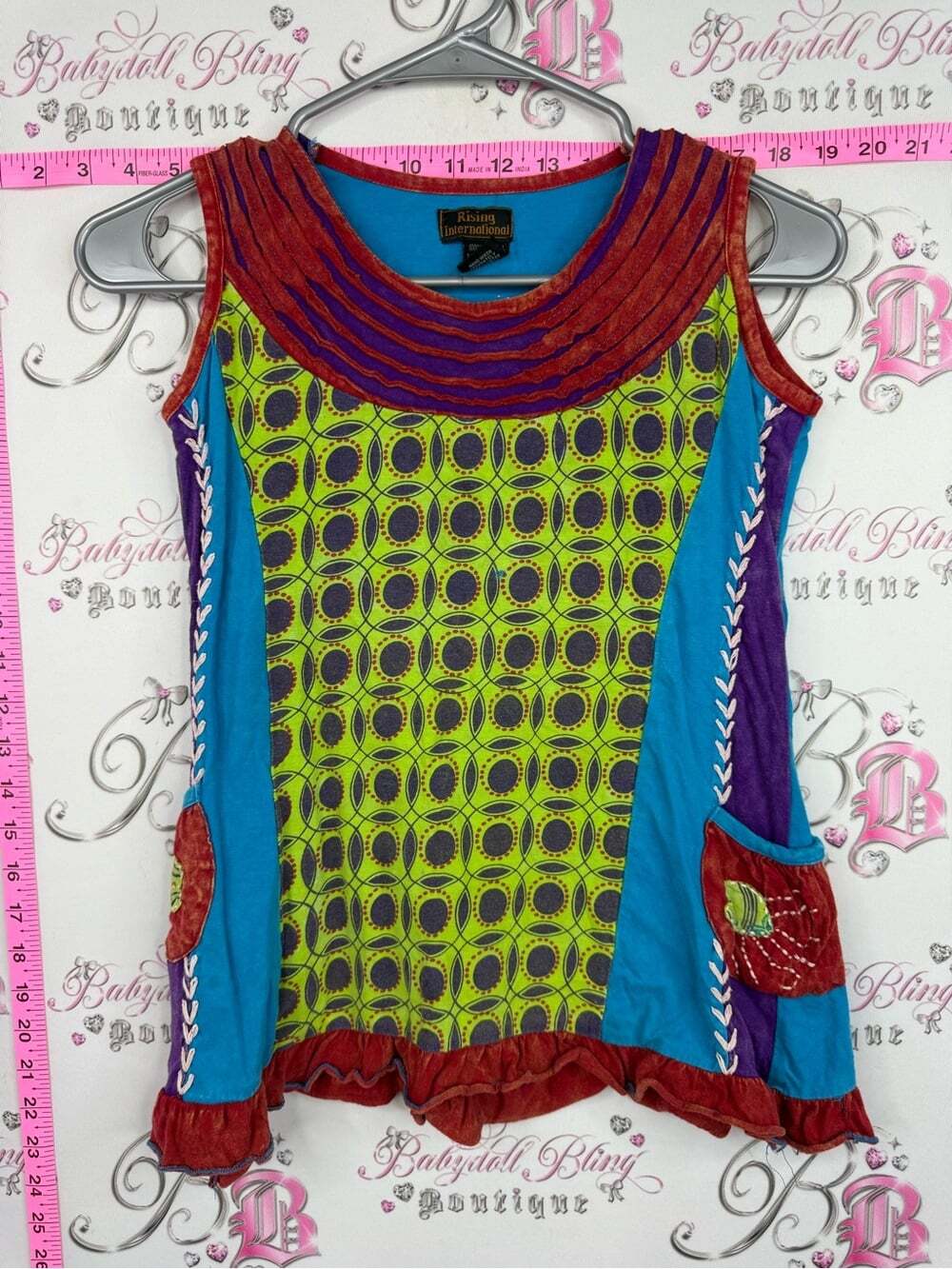 Rising International Multicolor patch Sleeveless Tunic Top - Lime, Teal & Purple